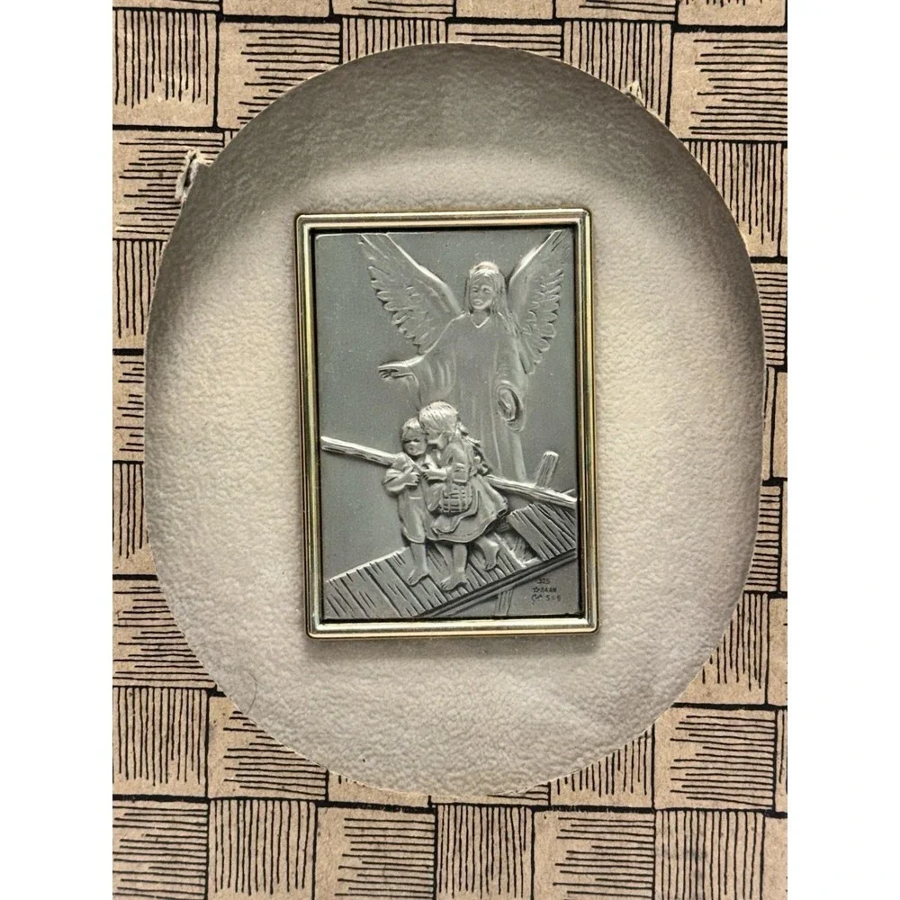 VTG Italian .925 Sterling Silver Guardian Angel Framed Plaque Mint Original Box
